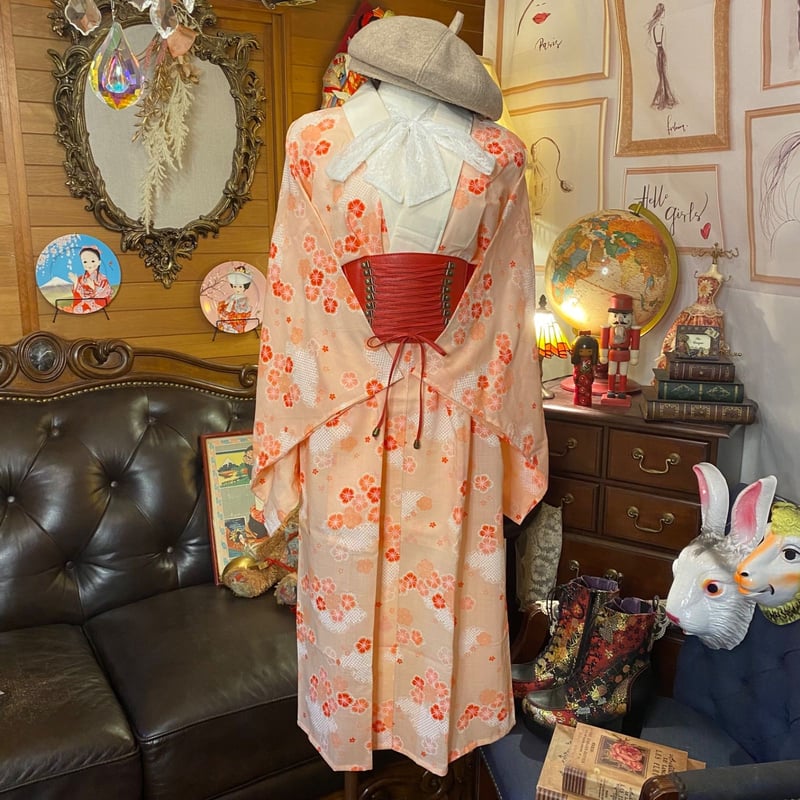 手作り　モダン　着物ワンピース　 ロングドレス　和　ハンドメイド　タンチョウ 和洋折衷 レトロ 古着 長襦袢 着物 和 モダン ハンドメイド リメイク