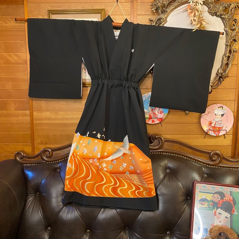 和洋折衷 黒留袖 着物 リメイク ワンピース ドレス 洗える 化繊  
