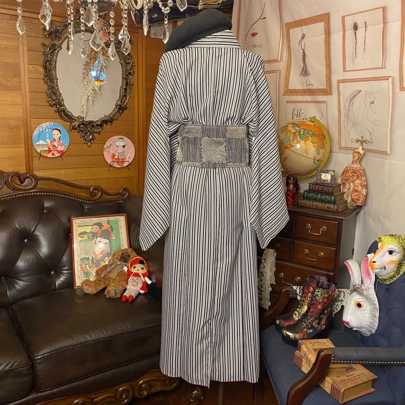 着物リメイク　レトロストライプ柄ワンピース 和洋折衷 レトロ 古着 洗える 着物 化繊 和 モダン ハンドメイド