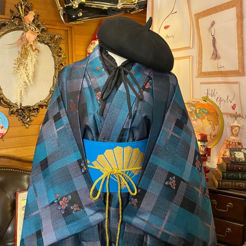 和洋折衷アンサンブル着物リメイクワンピース 帯サッシュベルト付き ハンドメイド レトロ 古着 ノスタルジック・花咲く格子 MKW-54 和洋折衷アンサンブル着物リメイクワンピース 帯サッシュベルト付き
