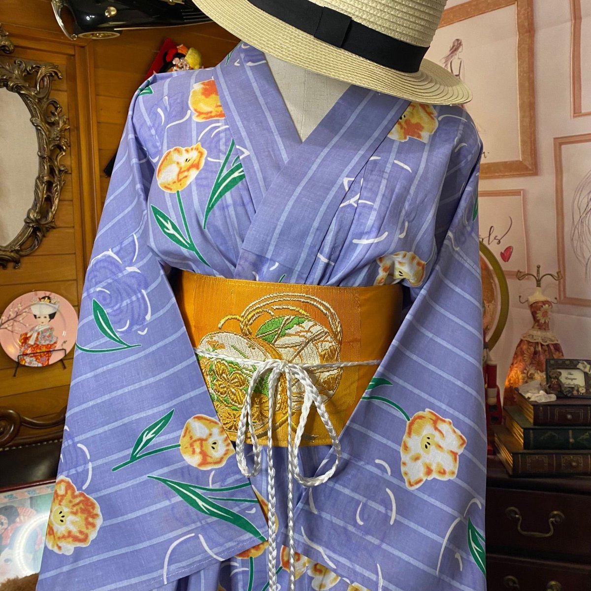 和洋折衷 浴衣 リメイク ワンピース ドレス 名古屋帯サッシュベルト  