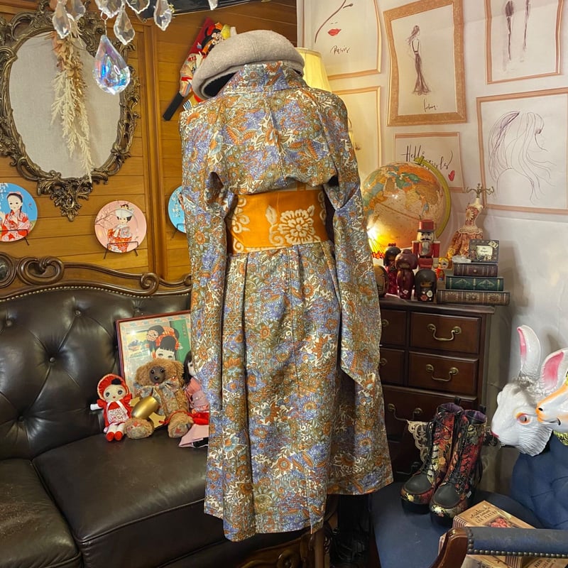 単衣着物リメイク  ワンピース／ドレス／洗える化繊 帯サッシュベルト 上品なくすみパープルピンク KW-1362 和洋折衷 着物 リメイク ワンピース ドレス 洗える 化繊 帯サッシュ
