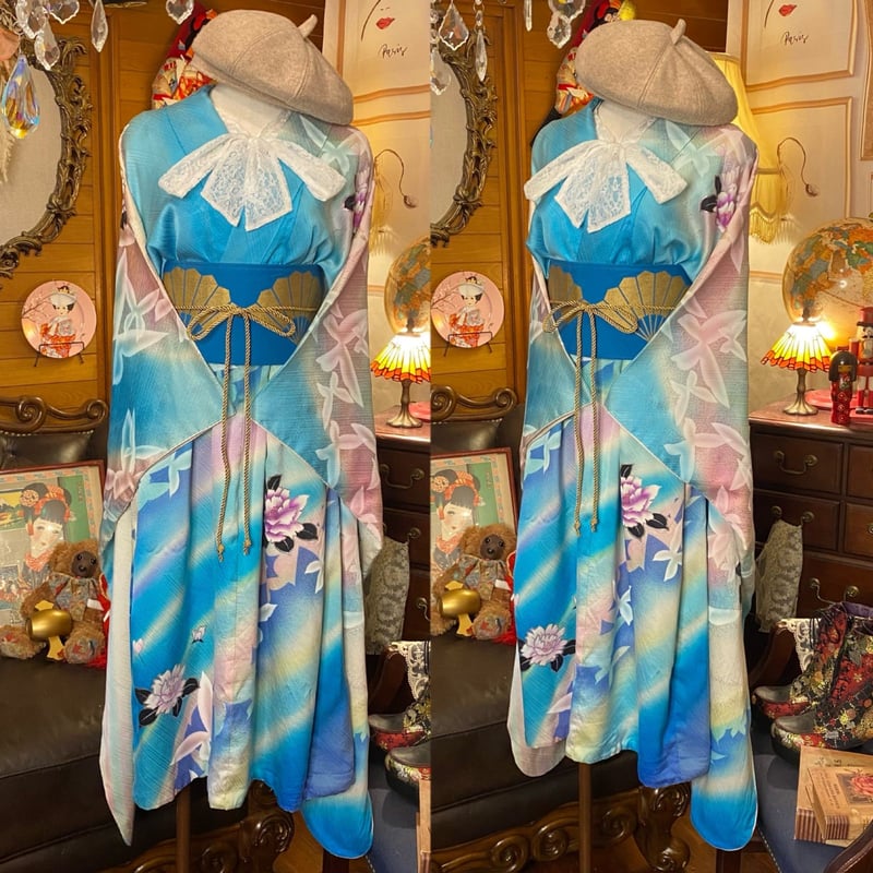 展示品 ◇着物リメイク◇ へんてこ セットアップ 若草色 ベルト付き 1  