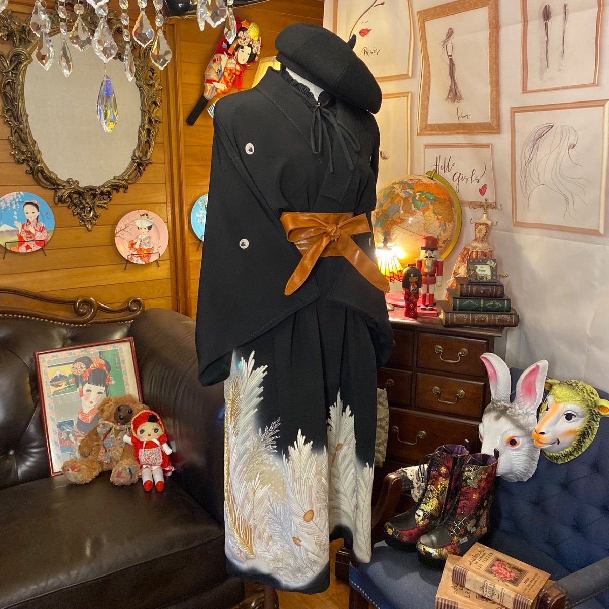 和洋折衷 レトロ 古着 黒留袖 着物 和 モダン ハンドメイド リメイク  
