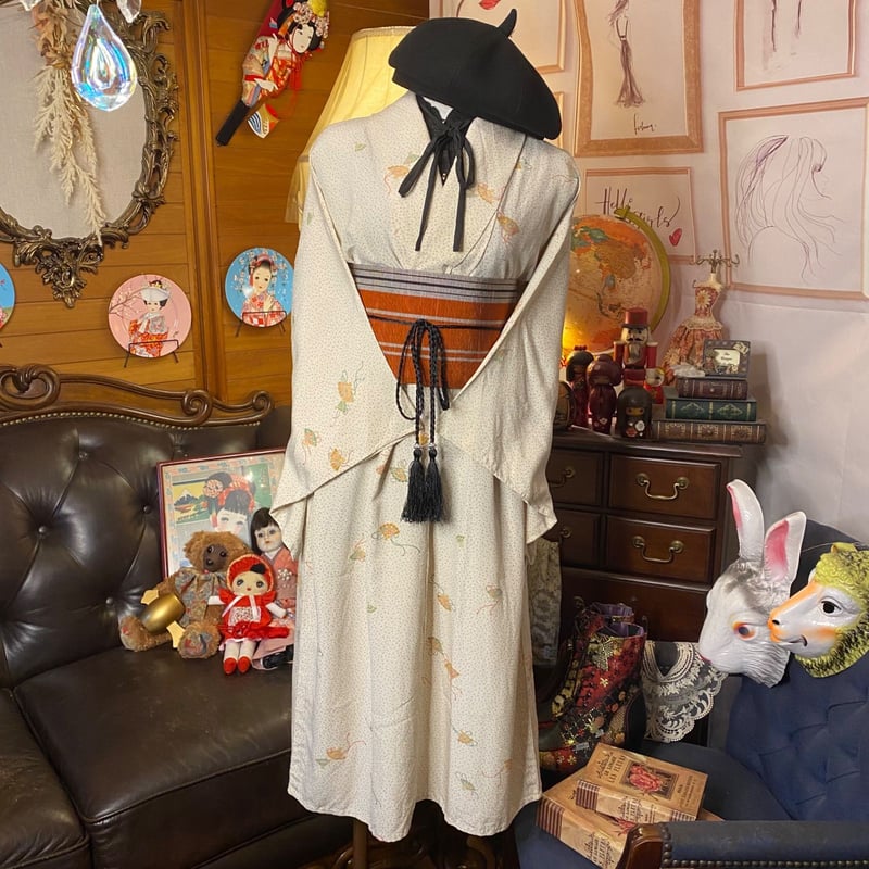 和洋折衷 単衣着物 リメイク ワンピース ドレス 帯サッシュ 和洋折衷 単衣着物 リメイク ワンピース ドレス 帯サッシュ