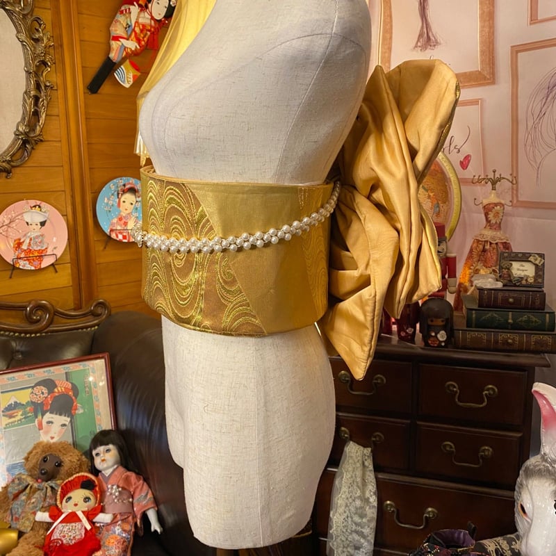 和洋折衷 2部式作り帯 京袋帯 お太鼓 リメイク ハンドメイド 和 レトロ マスタードゴールド系 2B-21 和洋折衷 2部式作り帯 京袋帯 お太鼓 リメイク ハンドメイド 和 レトロ
