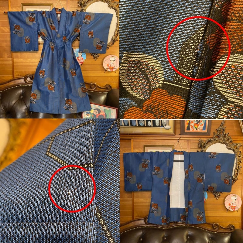 和洋折衷ロングワンピース 着物アンサンブル 帯サッシュベルト付き ハンドメイド レトロ 古着 紺青の静寂 aKW-140 fit=scale-down,w=1200