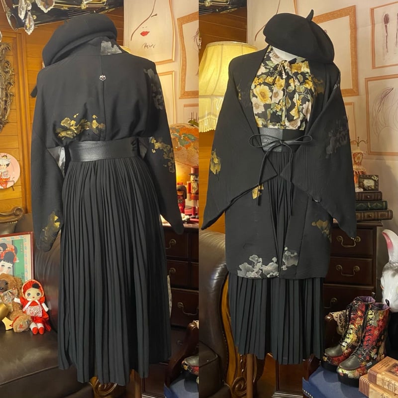 羽織　黒　コスプレ　レトロ　アンティーク　リメイク　和洋折衷コーデ 和洋折衷 コーディネート 黒絵羽織コーデ まとめ売り レトロ