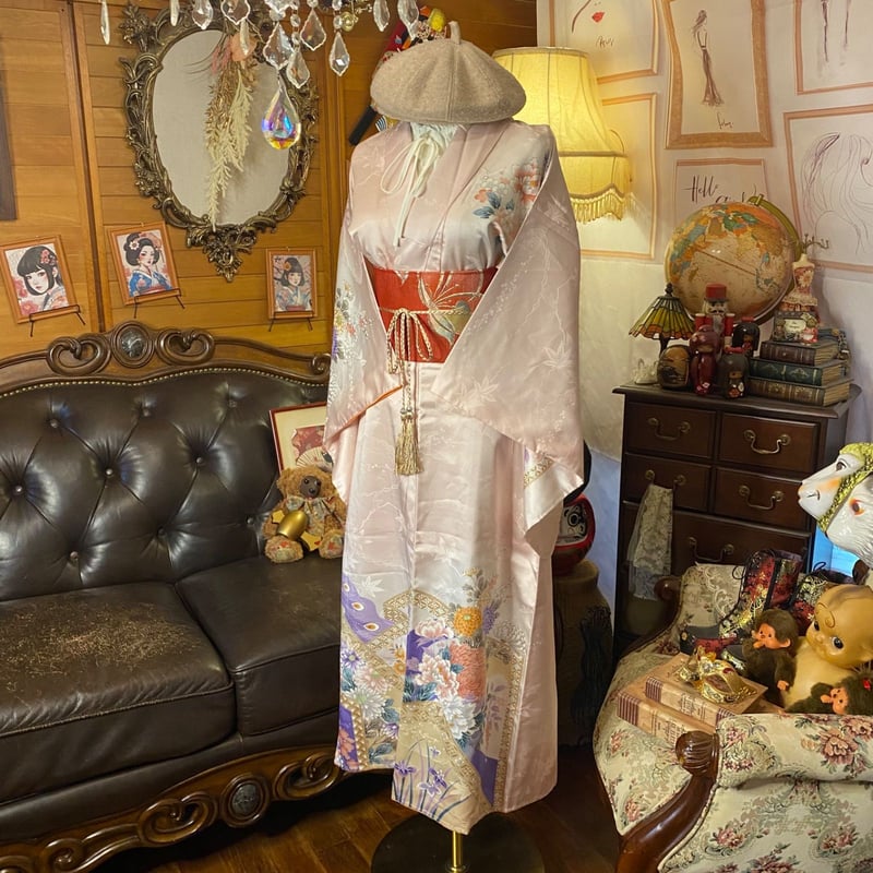 付け下げ着物リメイクワンピース ドレス ロング 洗える化繊 + 名古屋帯