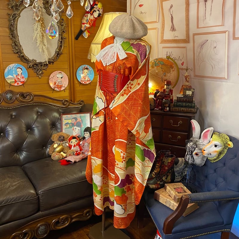 和洋折衷 振袖 着物リメイク ロング丈 ワンピース ドレス ハンドメイド