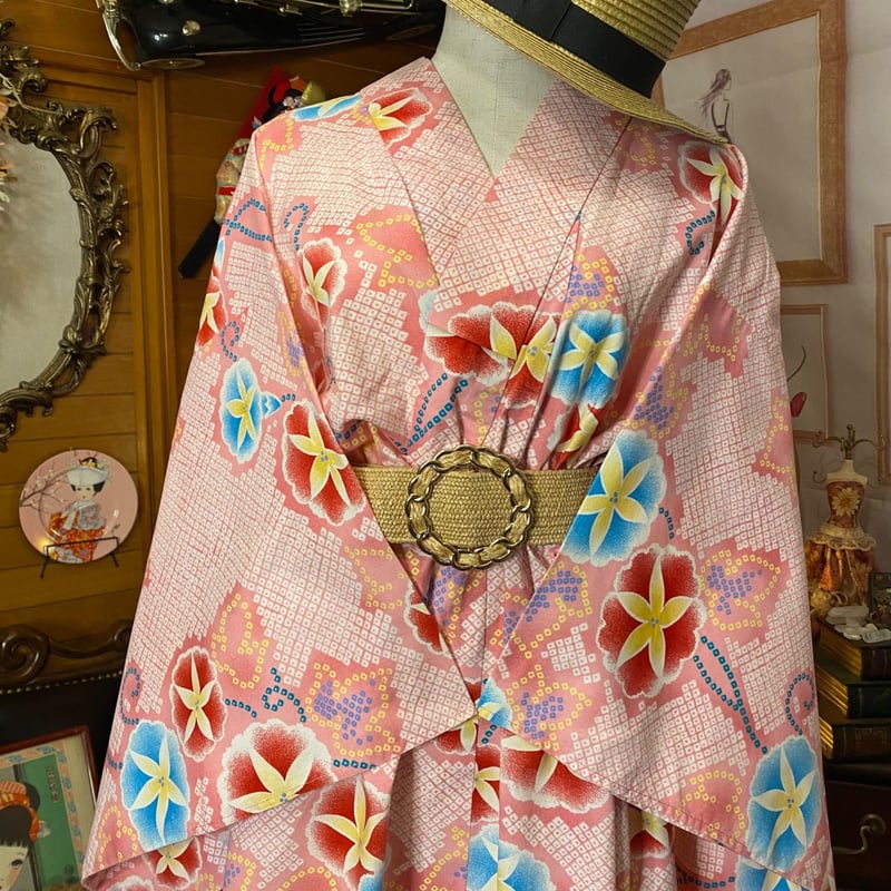 浴衣ドレス リメイク品 和洋折衷 浴衣 リメイク ワンピース ドレス 帯サッシュベルト かわいい