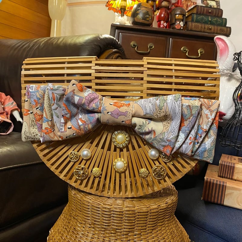 和洋折衷 着物 半月型籠 かごバッグ ハイカラおりぼん レトロボタン