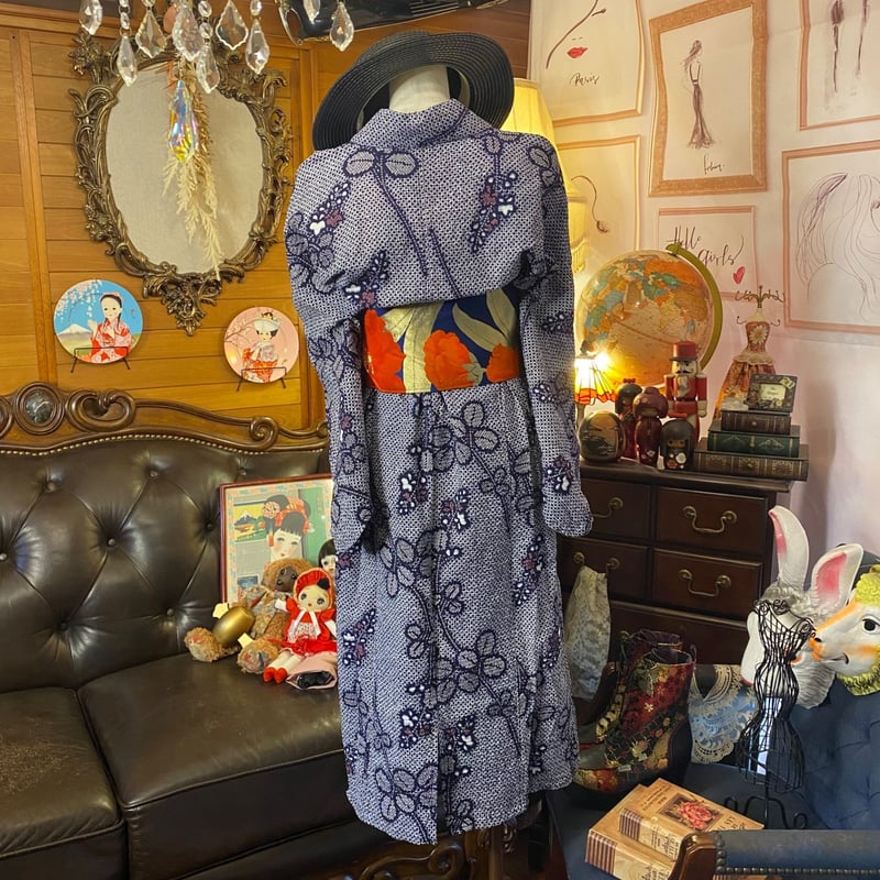 和洋折衷 リップル藍染浴衣 リメイク ワンピース ドレス 名古屋帯