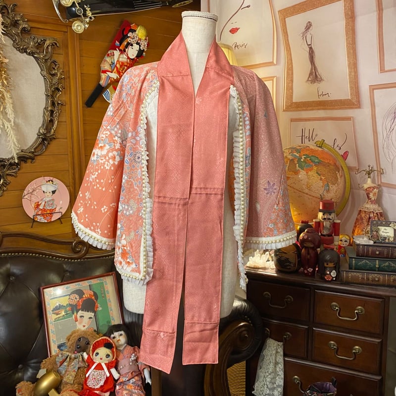 和洋折衷 着物 リメイク ポンチョ ケープ 和装コート パールフリル