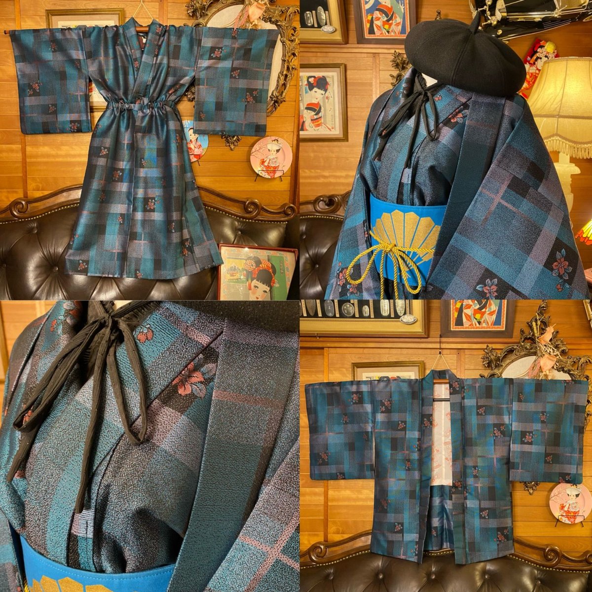 和洋折衷アンサンブル着物リメイクワンピース 帯サッシュベルト付き ハンドメイド レトロ 古着 紺地に踊る「赤の花紋」と幾何学 MKW-53 和洋折衷アンサンブル着物リメイクワンピース 帯サッシュベルト付き
