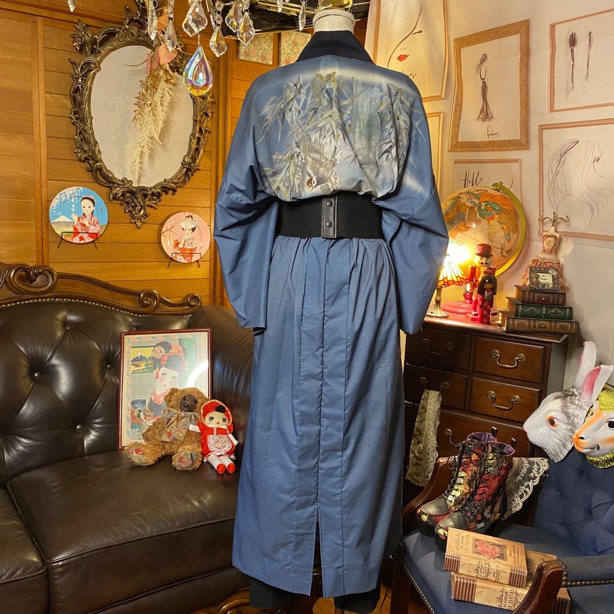 長襦袢　赤　鶴　レトロ　アンティーク　和洋折衷コーデ　コスプレ　和柄　リメイク 長襦袢 赤 鶴 レトロ アンティーク 和洋折衷コーデ コスプレ 和