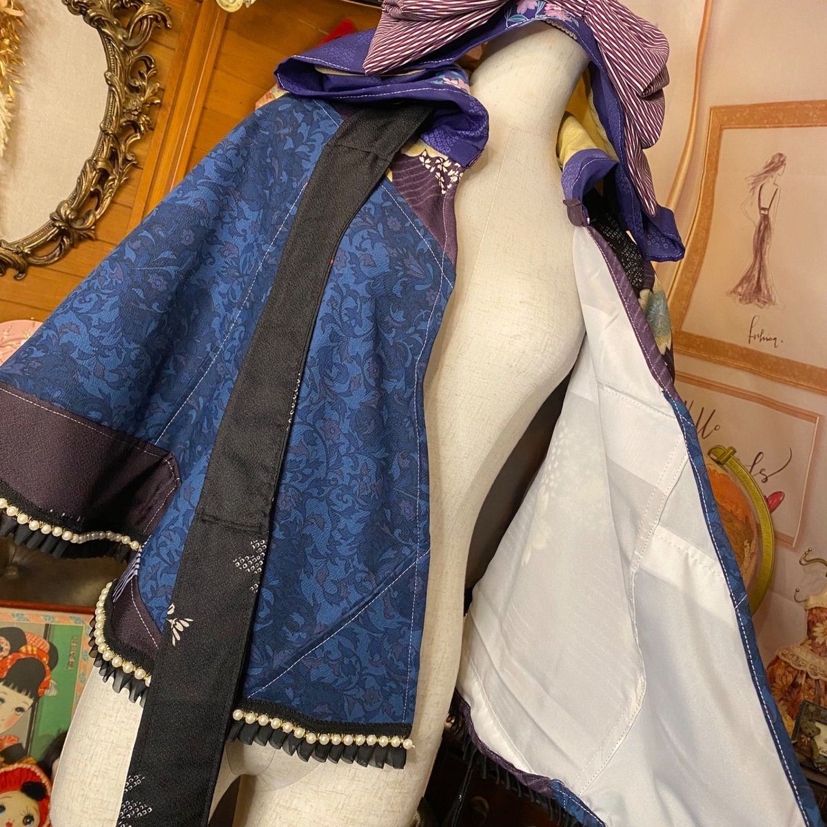 和洋折衷 着物 リメイク ポンチョ ケープ 和装コート フード付き