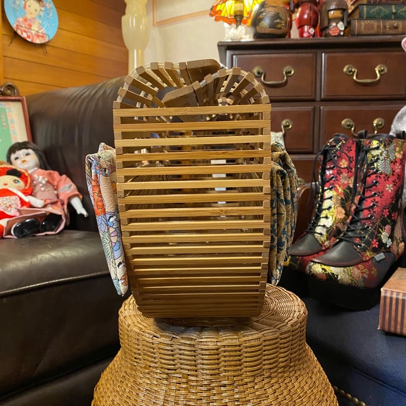 和洋折衷 着物 半月型籠 かごバッグ ハイカラおりぼん レトロボタン