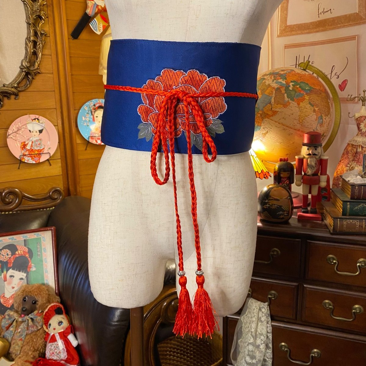 名古屋帯リメイク サッシュベルト 飾り帯 和洋折衷 ウエストマーク ハンドメイド レトロ 古着 LL〜4L テラコッタ×連続円紋 GOB-28 名古屋帯リメイク サッシュベルト 飾り帯 和洋折衷 ウエストマーク