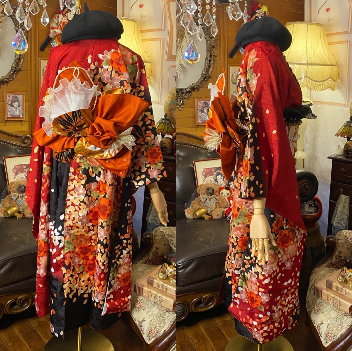 着物ロングワンピース振り袖リメイクマキシ丈ドレスワンピース╰(*´︶`*)╯♡ 振袖 着物 ロングワンピース ドレス 2部式ローズ/バラ作り帯 リメイク