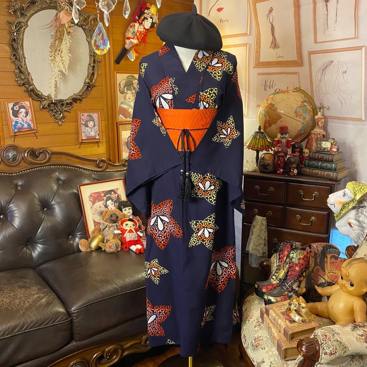 浴衣リメイク ロング ワンピース ドレス 帯サッシュベルト 和洋折衷
