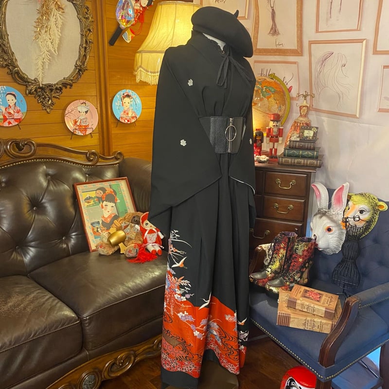 和洋折衷 レトロ 古着 洗える 化繊 黒留袖 着物 和 モダン