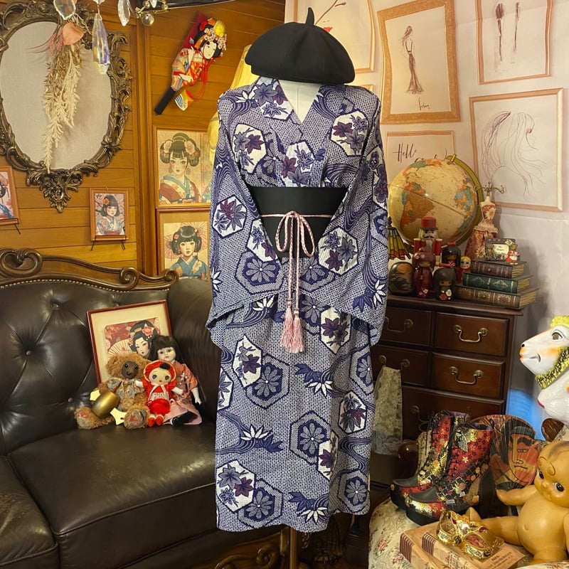 雪花絞り★褒められワンピース　着物リメイク 浴衣リメイク　ワンピース　手染め 浴衣 リメイク パッチワーク Aライン ワンピース 雪花絞り