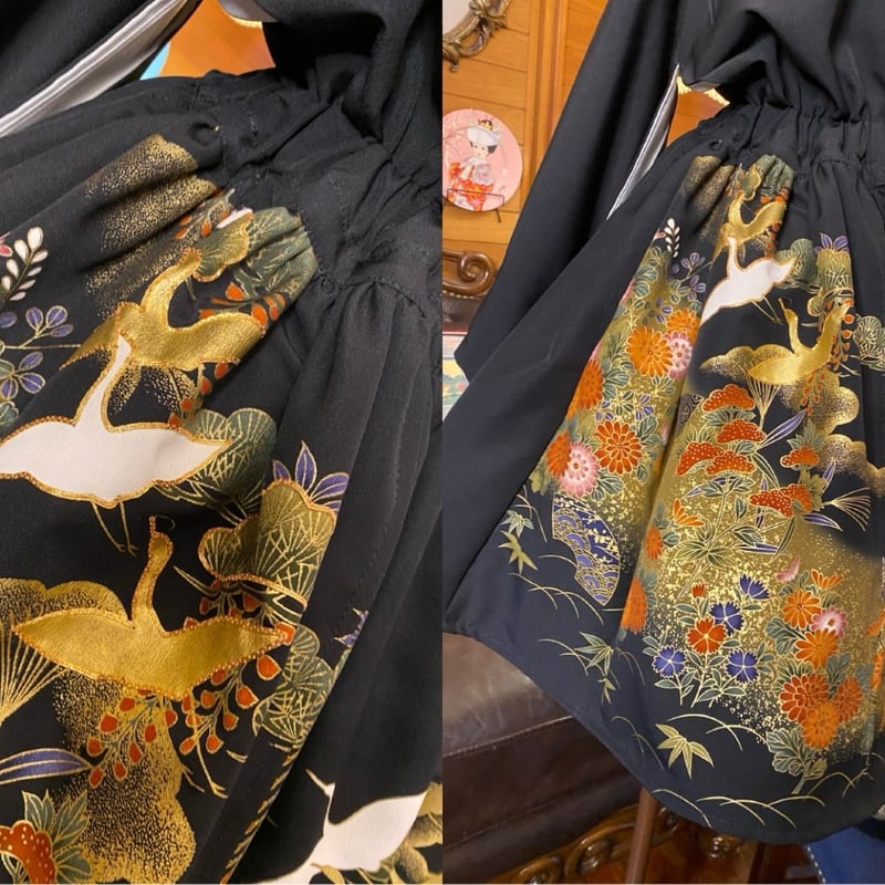 和洋折衷 黒留袖 着物 ミニ丈 ワンピース ドレス 2部式作り帯 和  