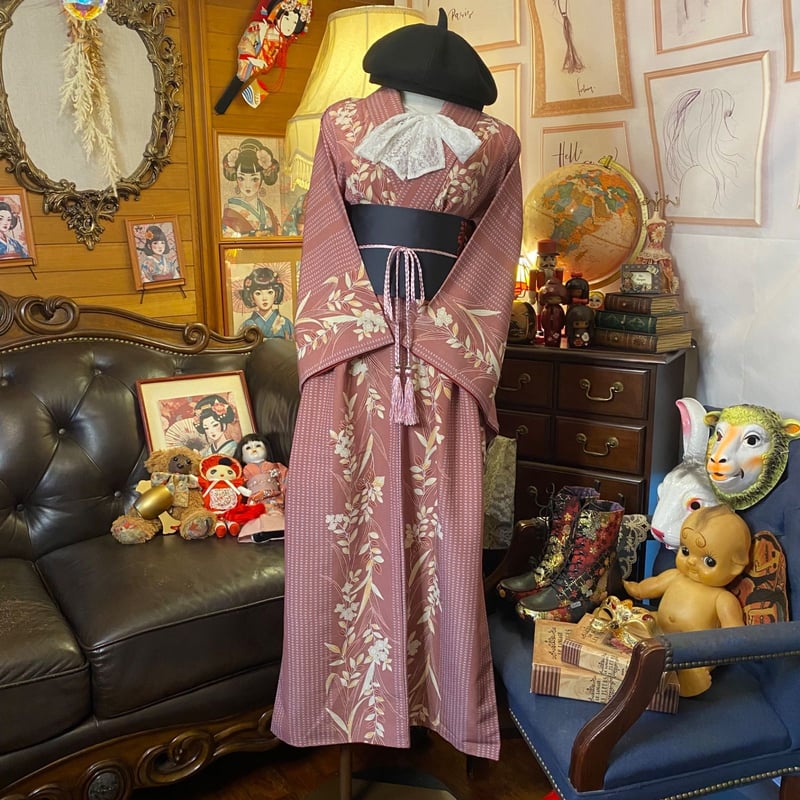 リメイク 着物ロングワンピース 化繊 洗える 帯サッシュベルト付き  