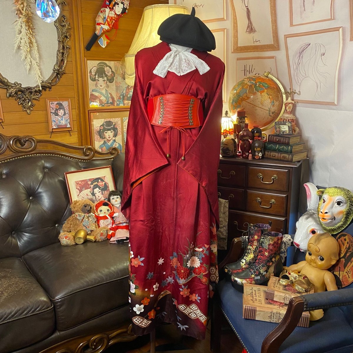 リメイク 振袖着物ワンピース 和洋折衷 ハンドメイド レトロ 古着