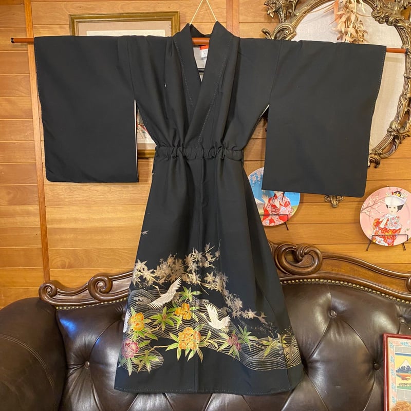 和洋折衷 黒留袖 着物 リメイク ワンピース ドレス 洗える 化繊  