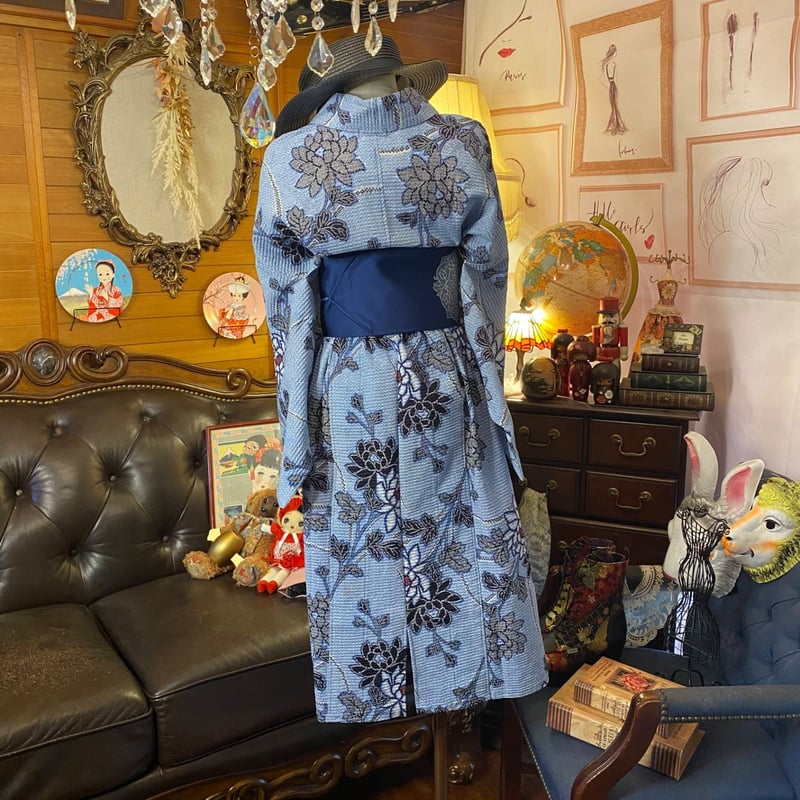 和洋折衷 リップル絞り藍染浴衣 リメイク ワンピース ドレス 名古屋帯