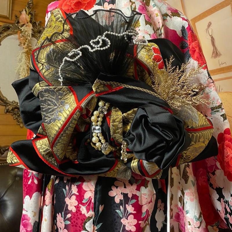 振袖 着物 ロング ワンピース ドレス 2部式バラ/ローズ作り帯 リメイク