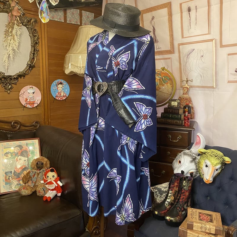 浴衣リメイク コーマ生地 蝶柄 ラッフル袖 青いギャザーワンピース 浴衣リメイク コーマ生地 蝶柄 ラッフル袖 青いギャザーワンピース