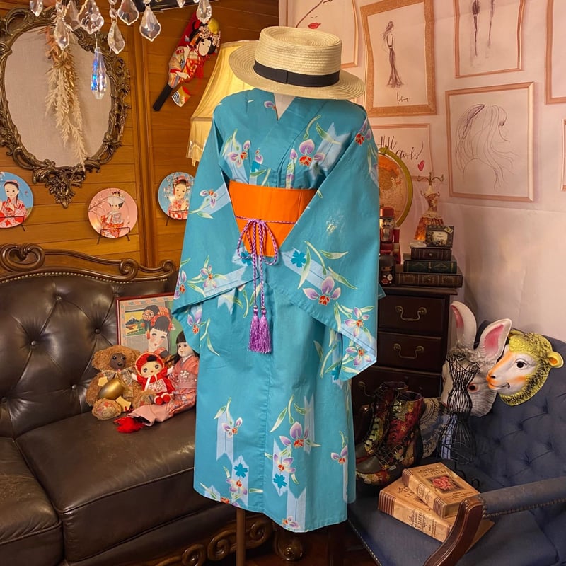 勝色に椿 浴衣リメイクワンピース 和洋折衷 浴衣 リメイク ワンピース ドレス 帯サッシュベルト