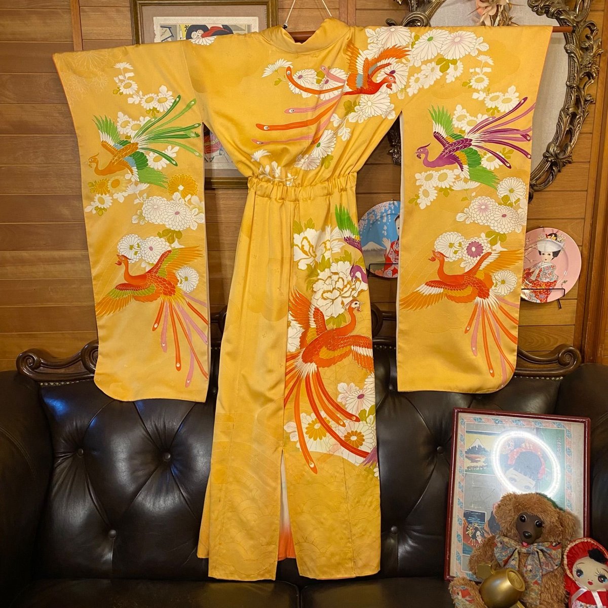 ショップ 着物リメイクワンピース 振袖ドレス 花車オレンジ 着物