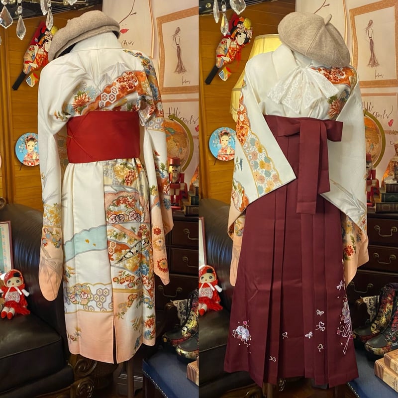 着物　振袖　ワンピース　ドレス　大きいサイズ　正絹　リメイク　ハンドメイド 振袖 着物 ロングワンピース ドレス 2部式ローズ/バラ作り帯