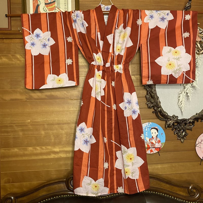 和洋折衷 レトロ 古着 夏 ストライプ モダン 浴衣 和 ハンドメイド