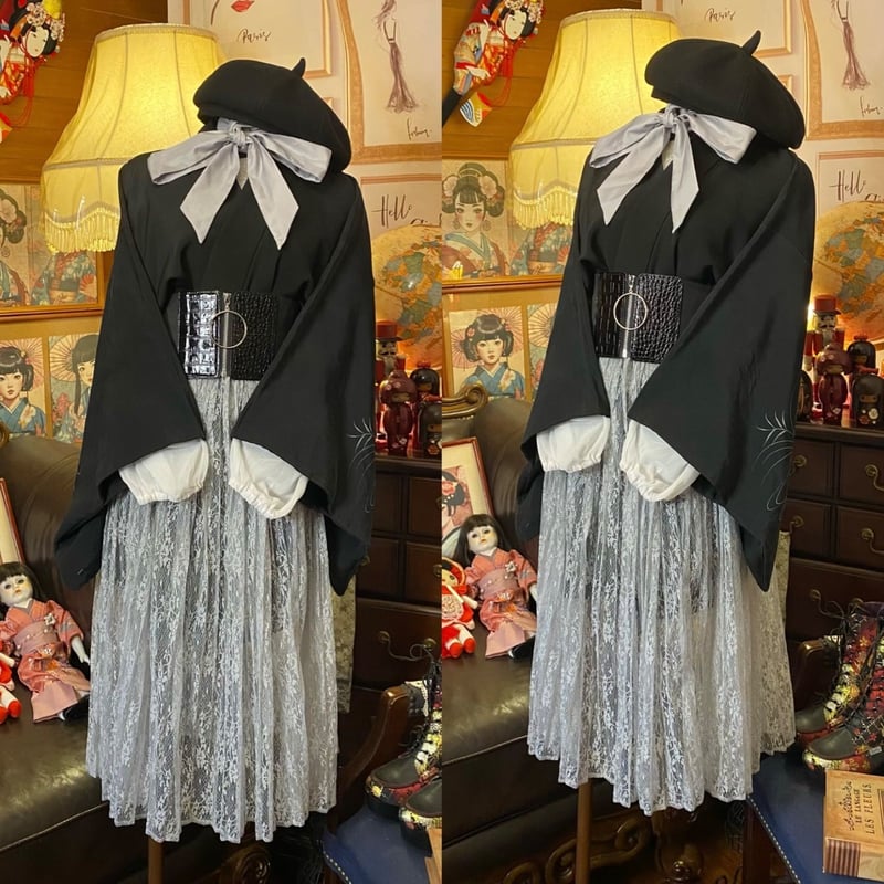 羽織　黒　薔薇　レトロ　アンティーク　和洋折衷コーデ　コスプレ　着物リメイク 羽織 黒 薔薇 レトロ アンティーク 和洋折衷コーデ コスプレ