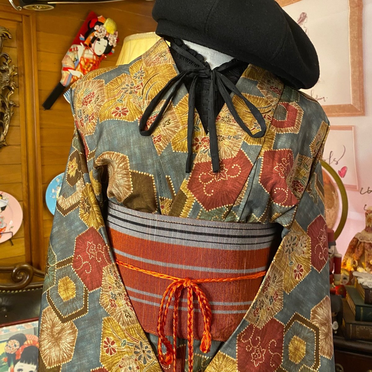 和洋折衷 着物 リメイク ワンピース ドレス 洗える 化繊 帯サッシュ  