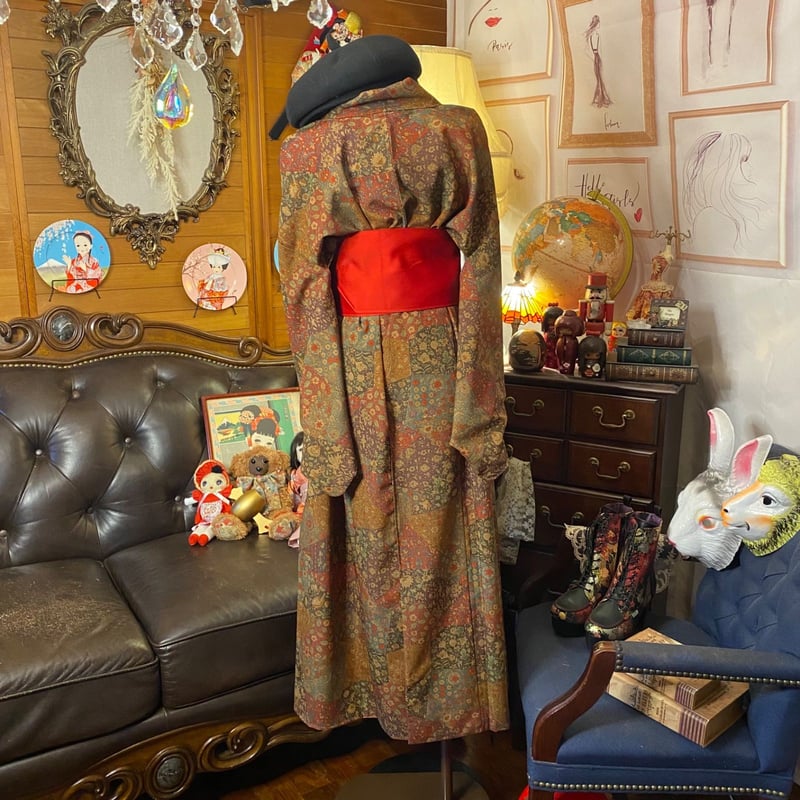 和洋折衷 着物 リメイク ロング 丈 ワンピース ドレス 洗える 化繊  