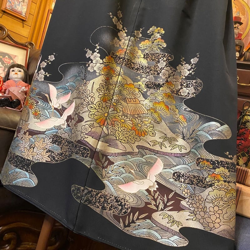みおみゆ　着物リメイク　黒留袖　ロングワンピース　作家物東海道五十三次広重 みおみゆ様専用 着物リメイク 黒留袖 ロングワンピース 作家物東海道五