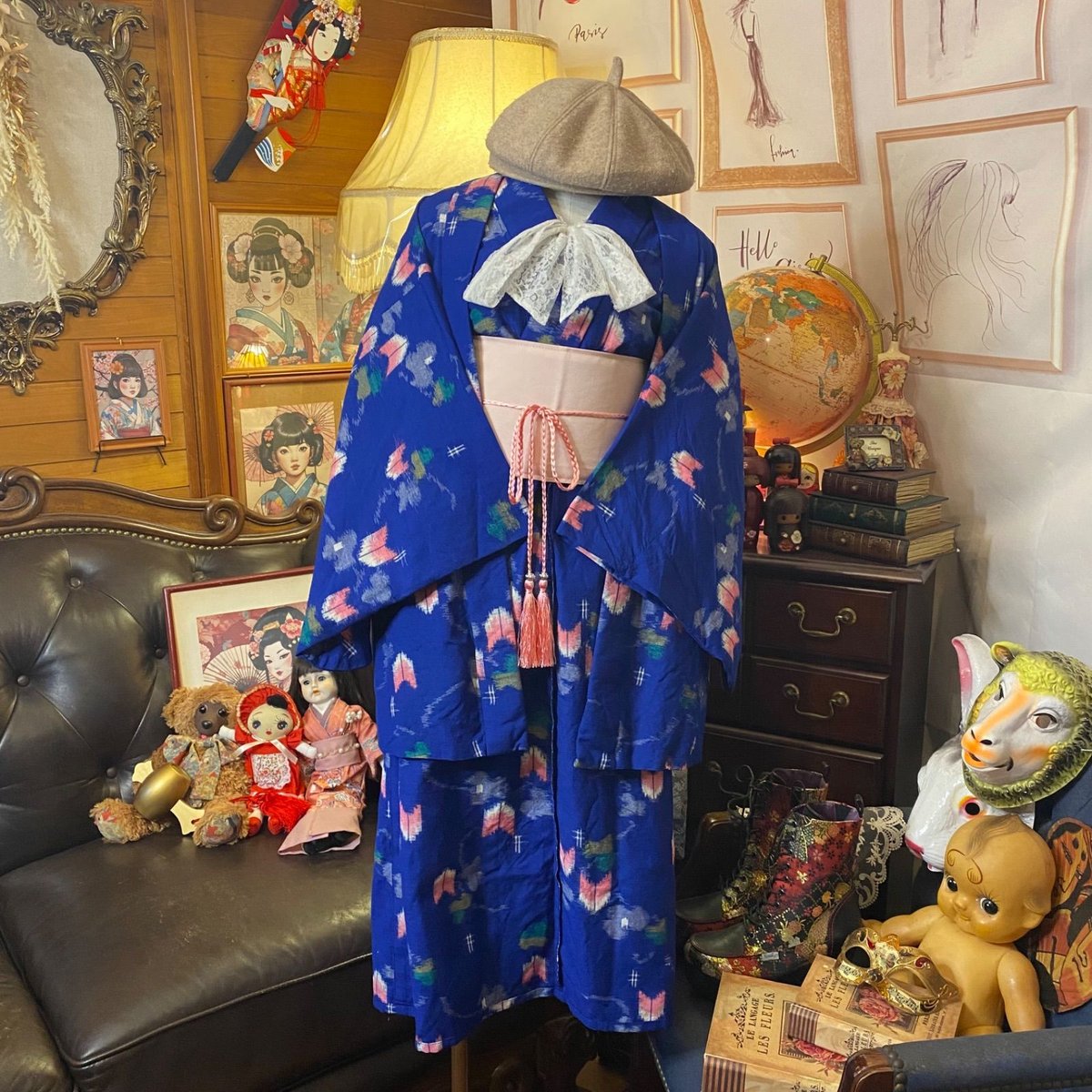 展示品　◇着物リメイク◇  ドッキングワンピース　帯ベルト付き　ボルドー系 展示品 ◇着物リメイク◇ ドッキングワンピース 帯ベルト付き