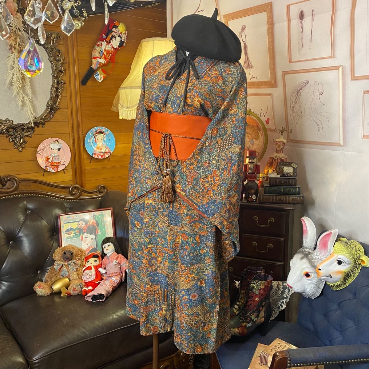 和洋折衷 着物 リメイク ワンピース ドレス 帯サッシュベルト レトロ 