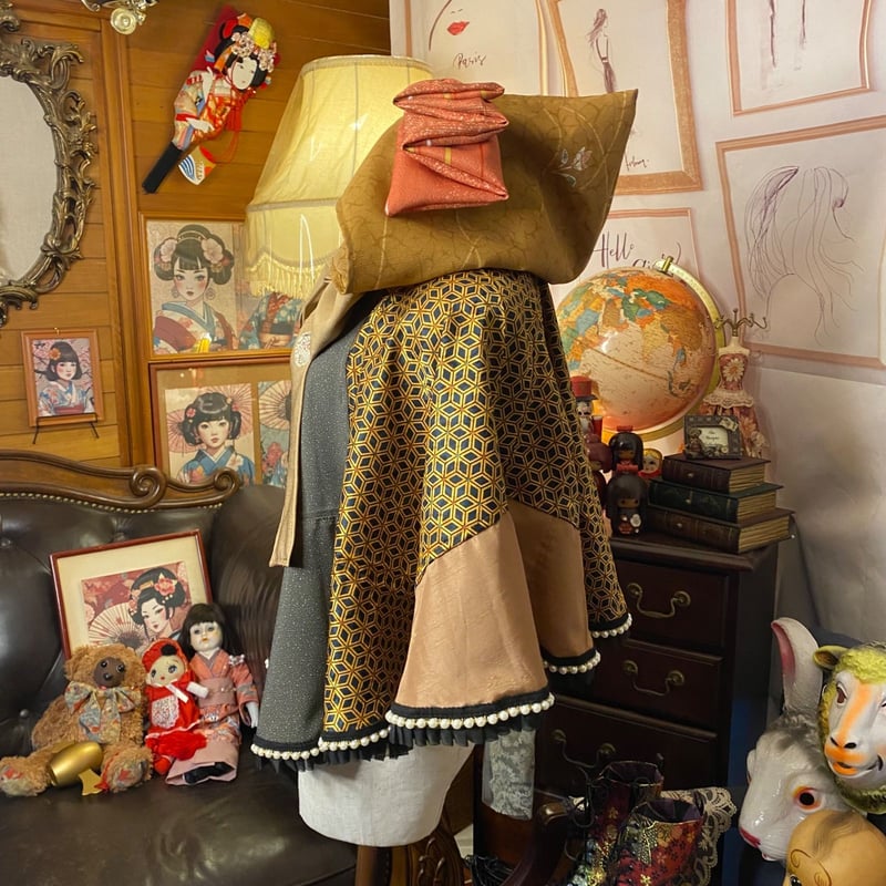 着物リメイクポンチョケープ 和装コート フード付き パールフリル