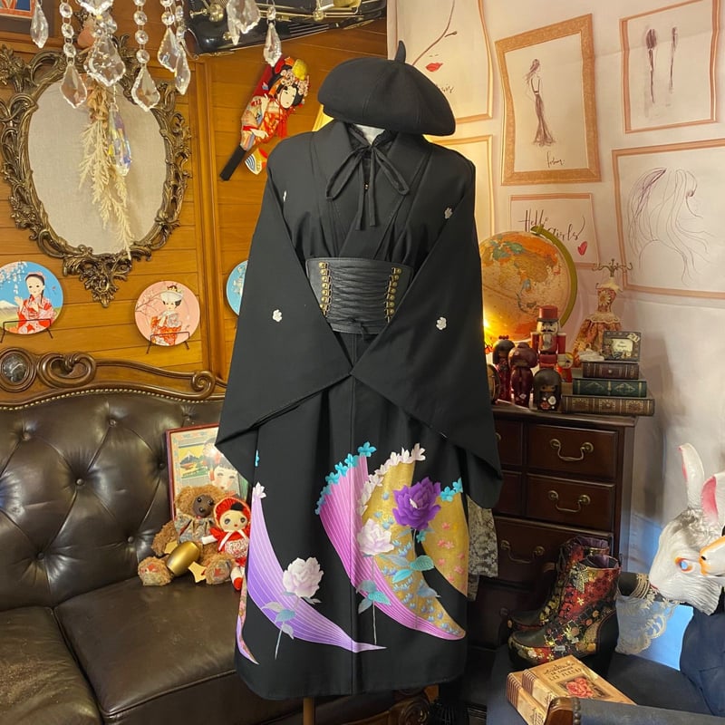 和洋折衷 黒留袖 着物 リメイク ワンピース ドレス 洗える 化繊