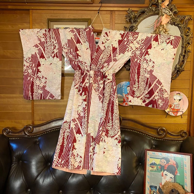 振袖　着物リメイク　ドレス　レース袖　ブルーに花　和柄　ハンドメイド　ワンピース 留袖 着物リメイク ドレス レース袖＆裾 豪華刺繍鳳凰 和柄