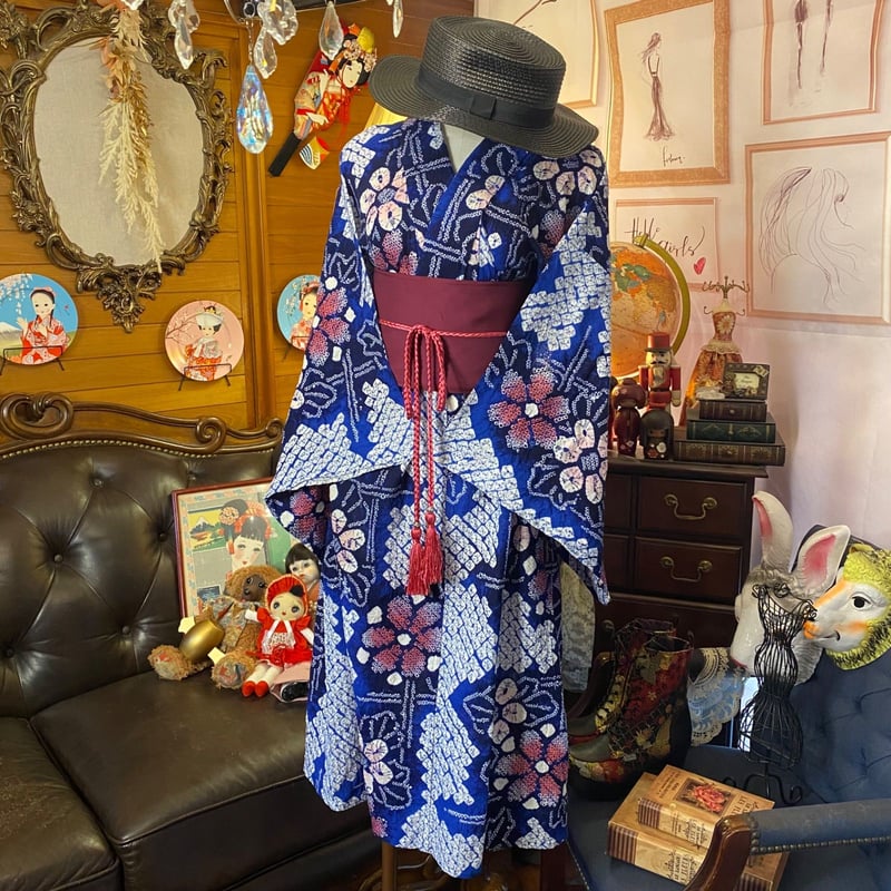 和洋折衷 絞り浴衣 リメイク ワンピース ドレス 帯サッシュ