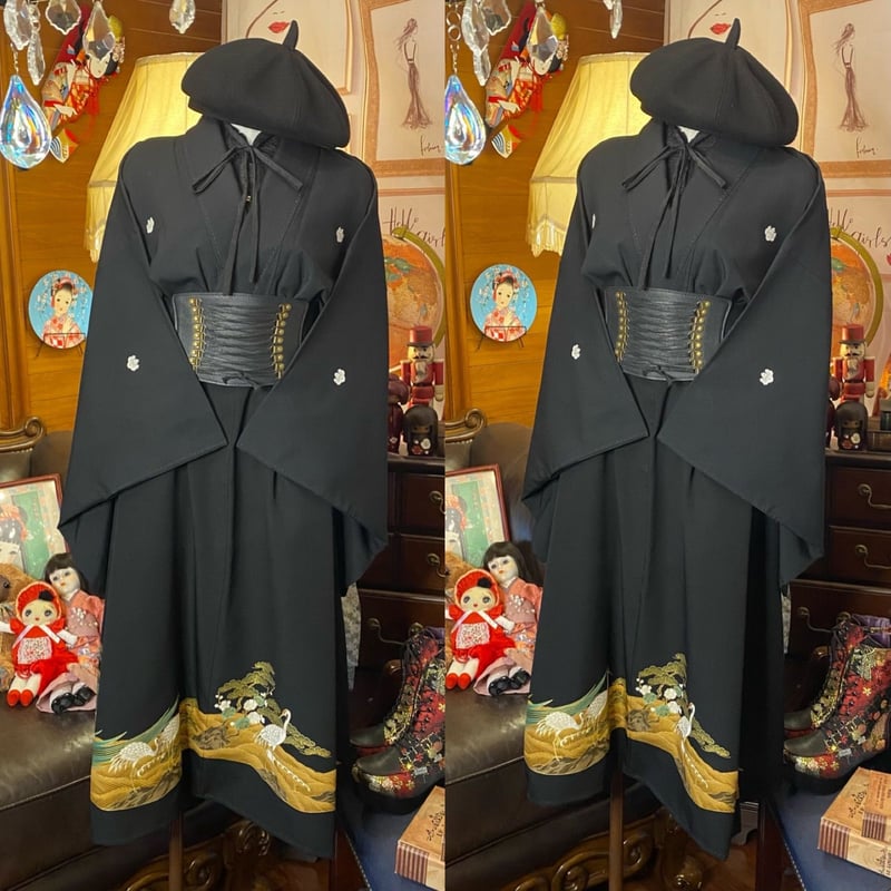 和洋折衷 黒留袖 着物 リメイク ワンピース ドレス 洗える 化繊