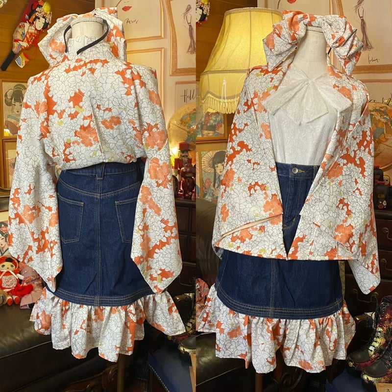 【セットアップ】着物 デニムリメイク 再構築 総柄 花柄 タック ワイド 一点物 着物 デニム リメイク セットアップ ツーピース 2部式 コラージュ